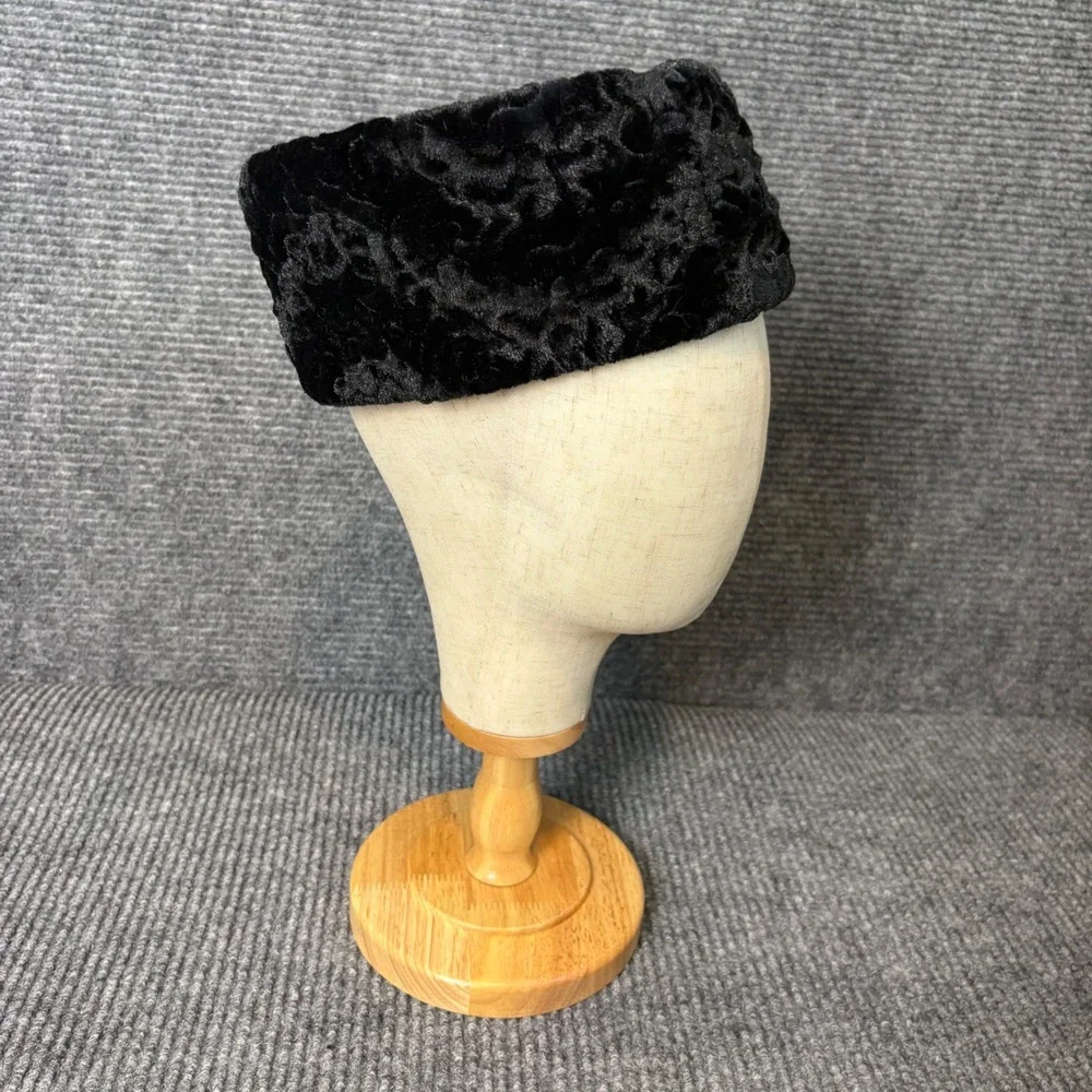 Vintage Black Crushed Velvet Pillbox Hat Floral Embossed Formal Cocktail Church